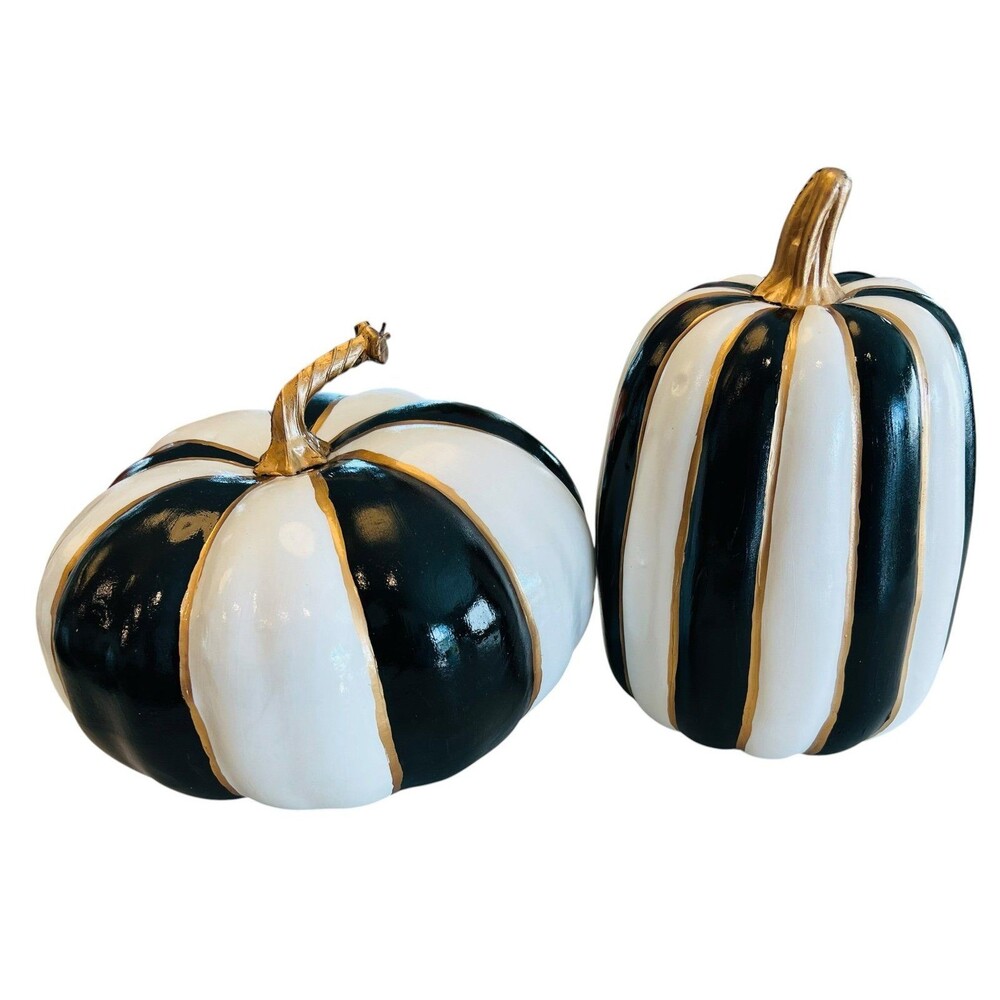 Hand Painted Pumpkin Set MacKenzie-Childs Inspired Black White Gold Decor